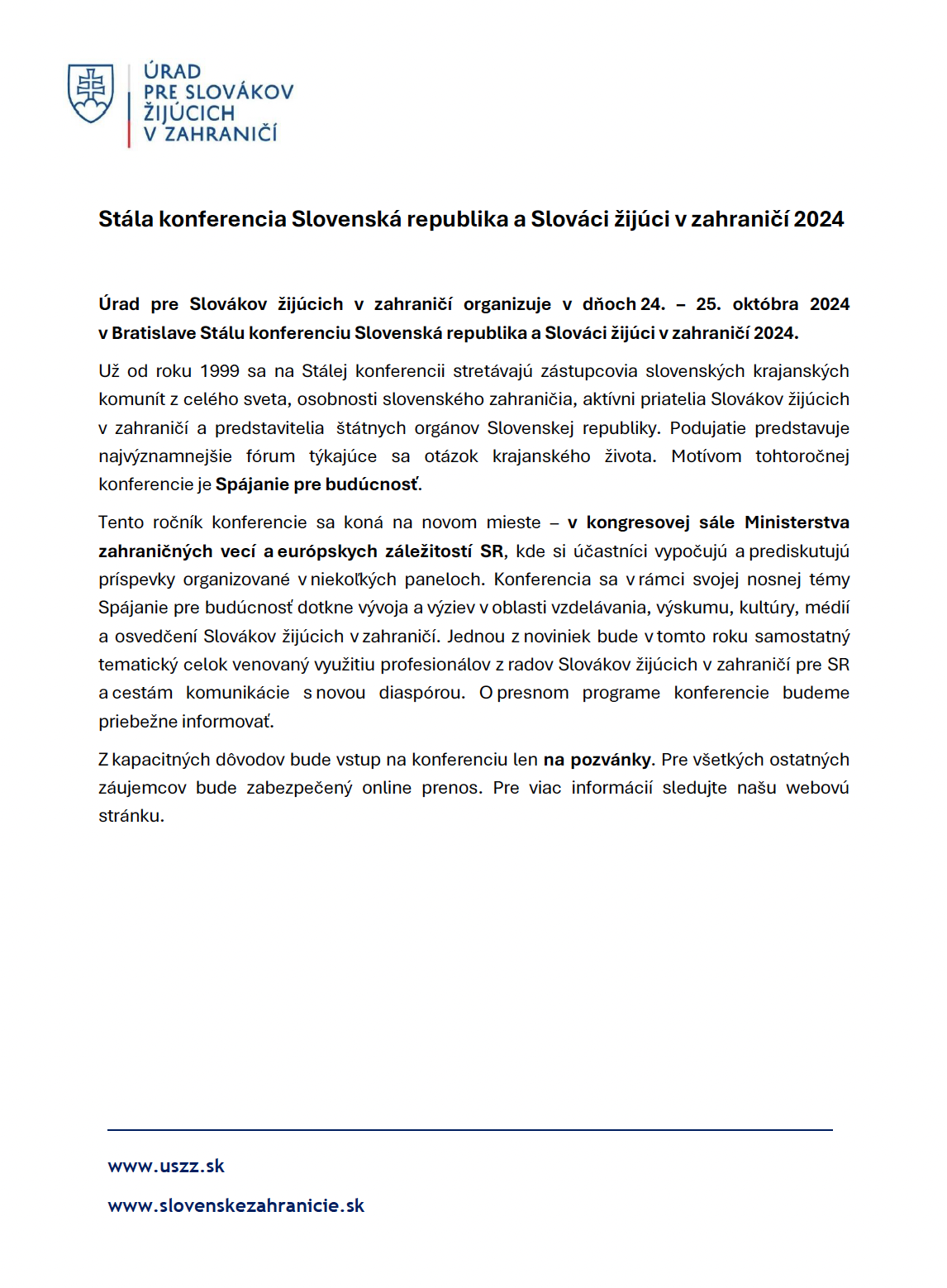 Stála konferencia Slovenská republika a Slováci žijúci v zahraničí 2024 - pozvánka