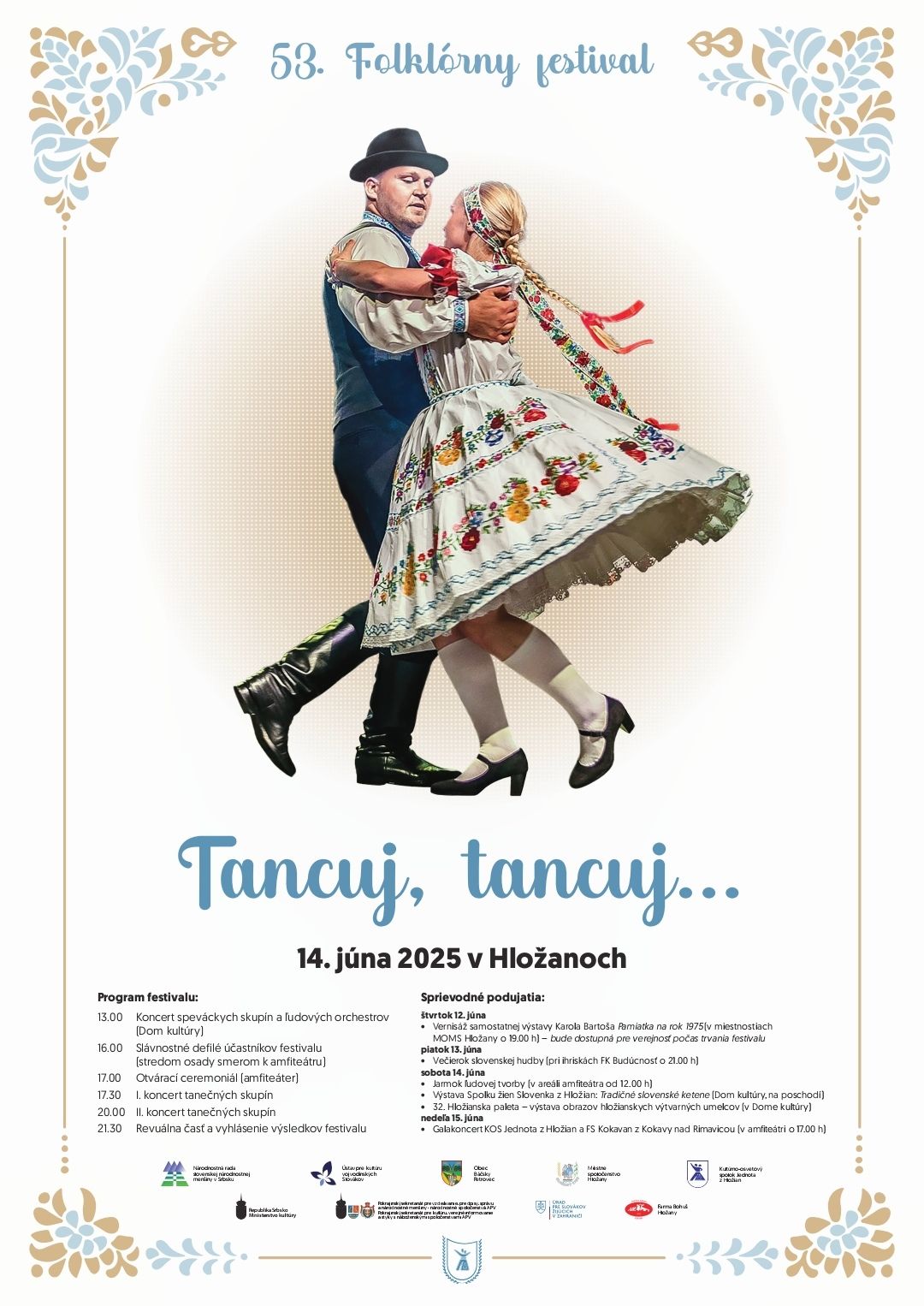 Plagát k podujatiu, tancuji muz a zena v krojoch, kreslené