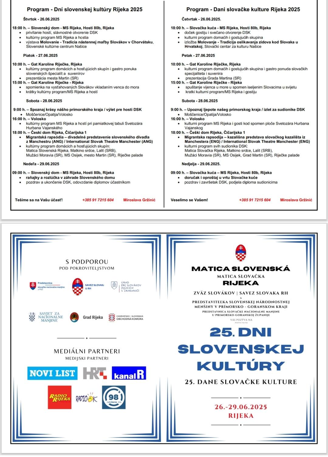 Program, logo Matice v Rijeke a informácie, ktoré sú aj v texte