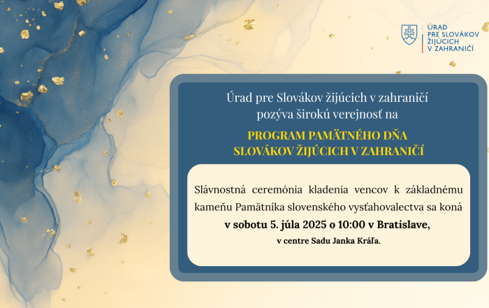 Pozvánka Pamätný deň, v zlato - modrých tónoch, logo ÚSŽZ, info aj v texte