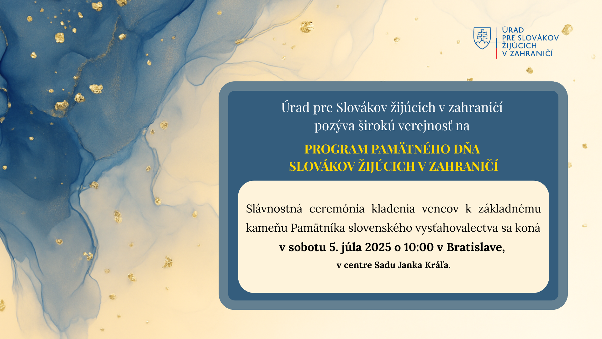 Pozvánka Pamätný deň, v zlato - modrých tónoch, logo ÚSŽZ, info aj v texte