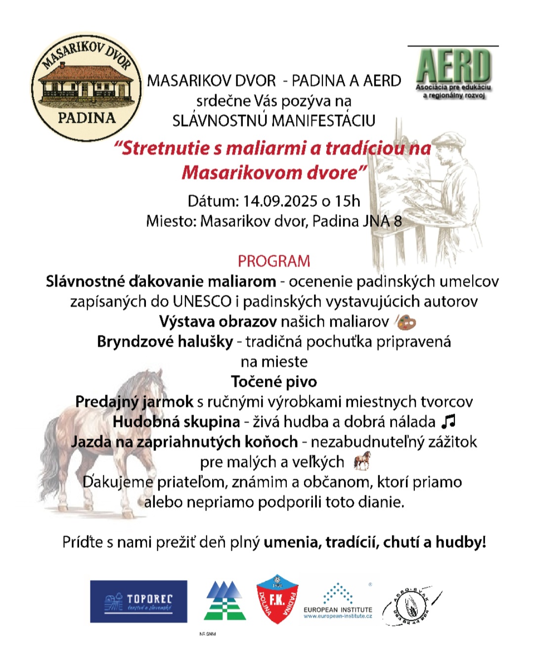 Plagát s programom, info je v texte v článku. Logá podporujúcich inštitúcií a kone na pozadí.