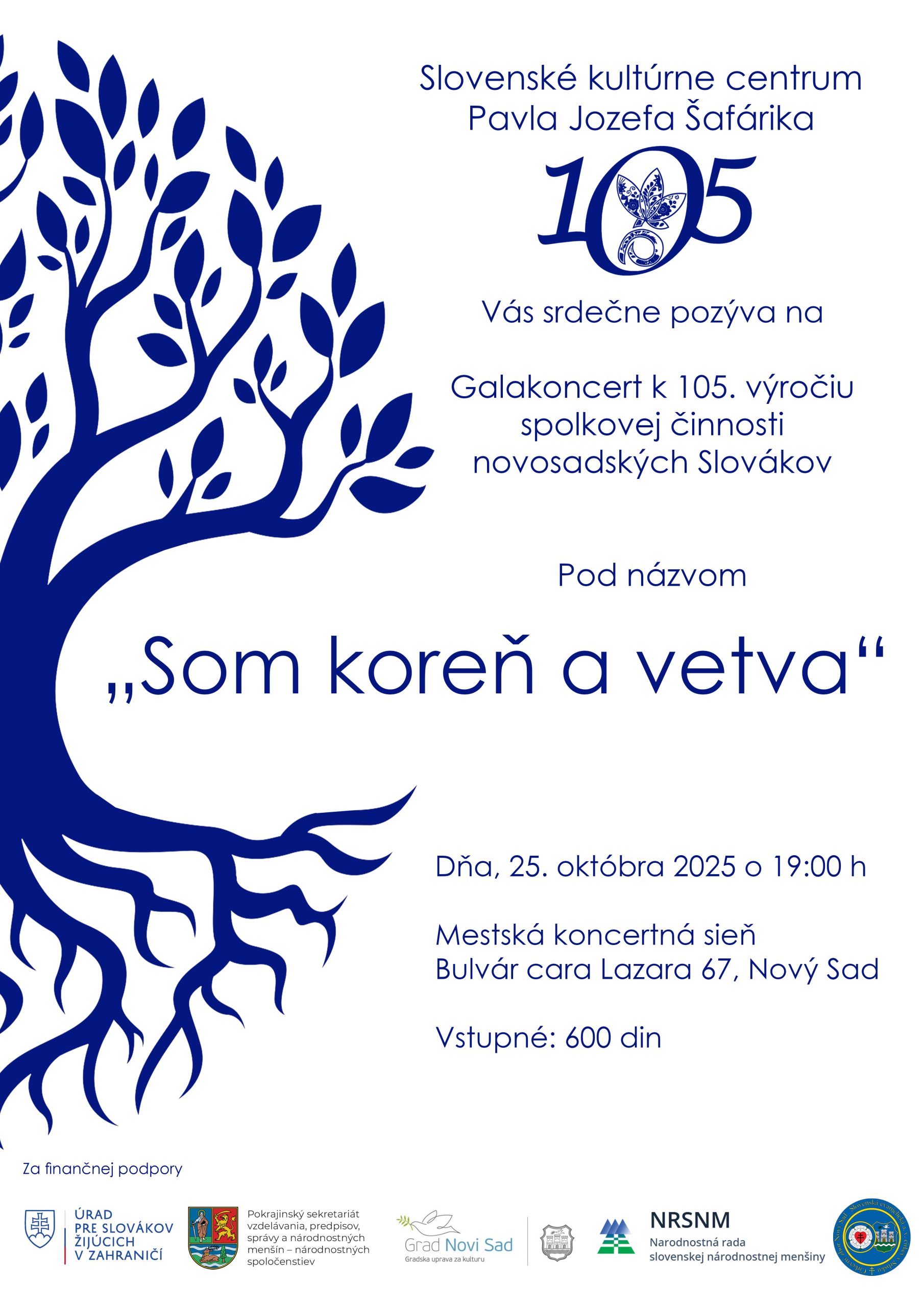 Grafika, modrý strom na bielom pozadí, pozvánka na galaprogram
