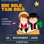 Plagát ku galakoncertu, dve kreslené deti v krojoch, tmavomodré pozadie
