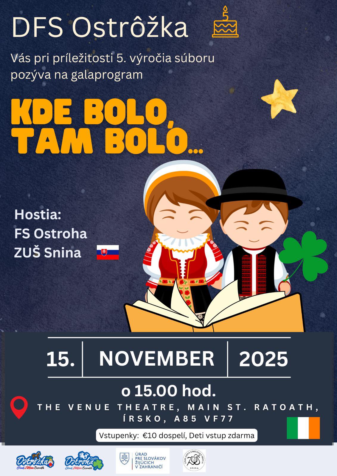 Plagát ku galakoncertu, dve kreslené deti v krojoch, tmavomodré pozadie