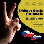 Plagát, ruka ukazujúca na prstoch V, grafika - mapy ČR a SR s morívom štátnych vlajok