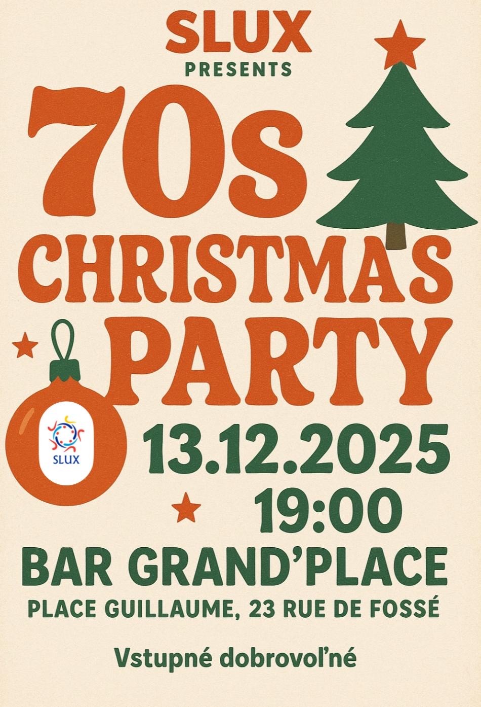 vianočný stromček, kreslený, oranžové písmo, retro