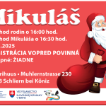 mikuláš, kreslený, červené pozadie, biele písmo