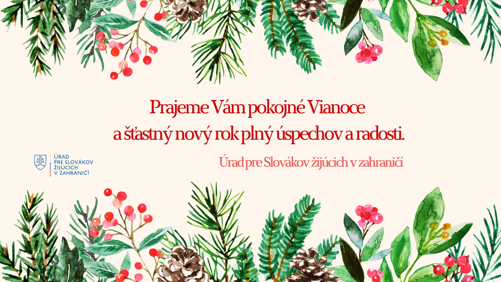 Vianočné prianie ÚSŽZ, vianočné motívy, červené písmo, logo ÚSŽZ