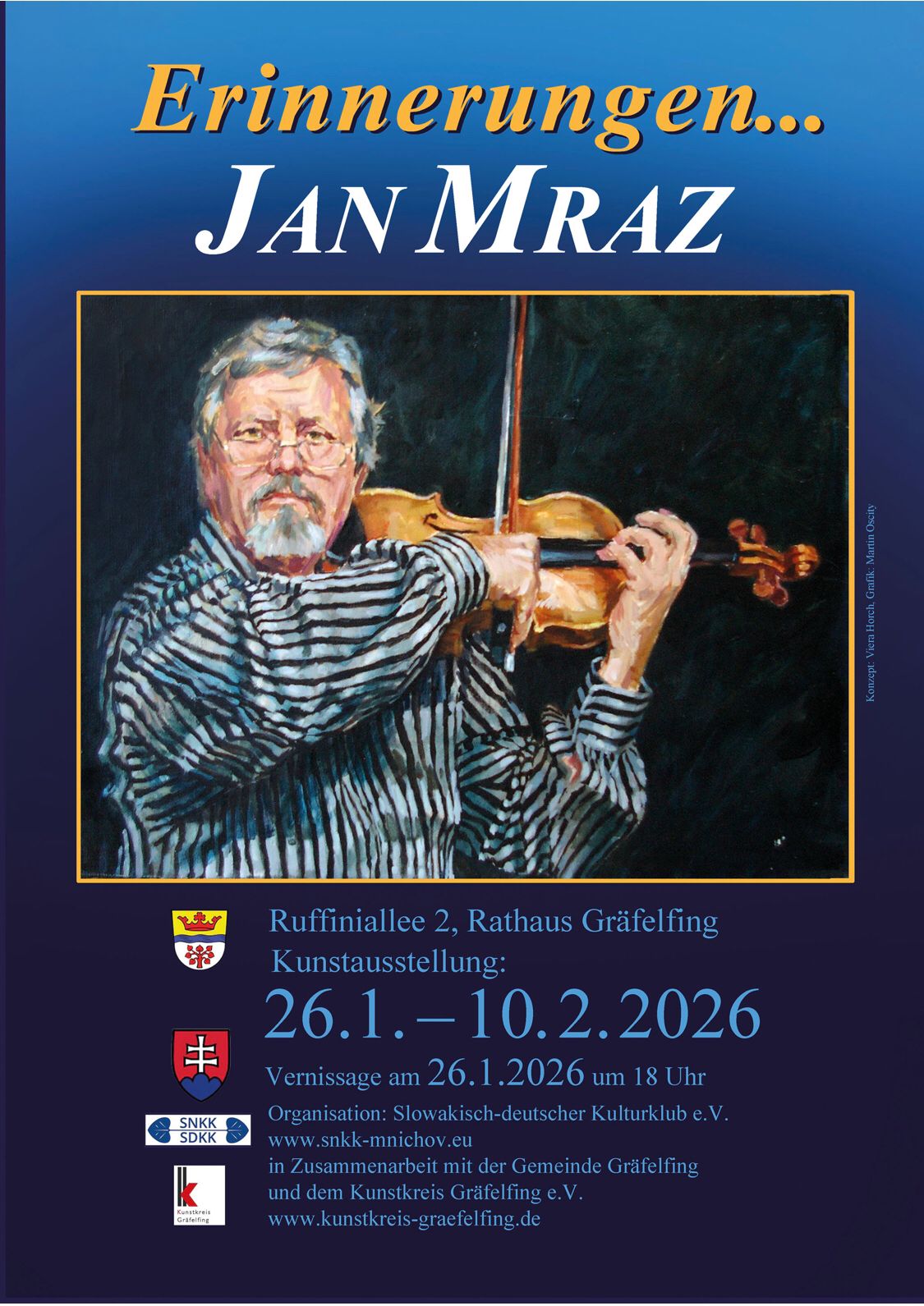 Ján Mráz, drží v rukách husle, modré pozadie, nemecký text