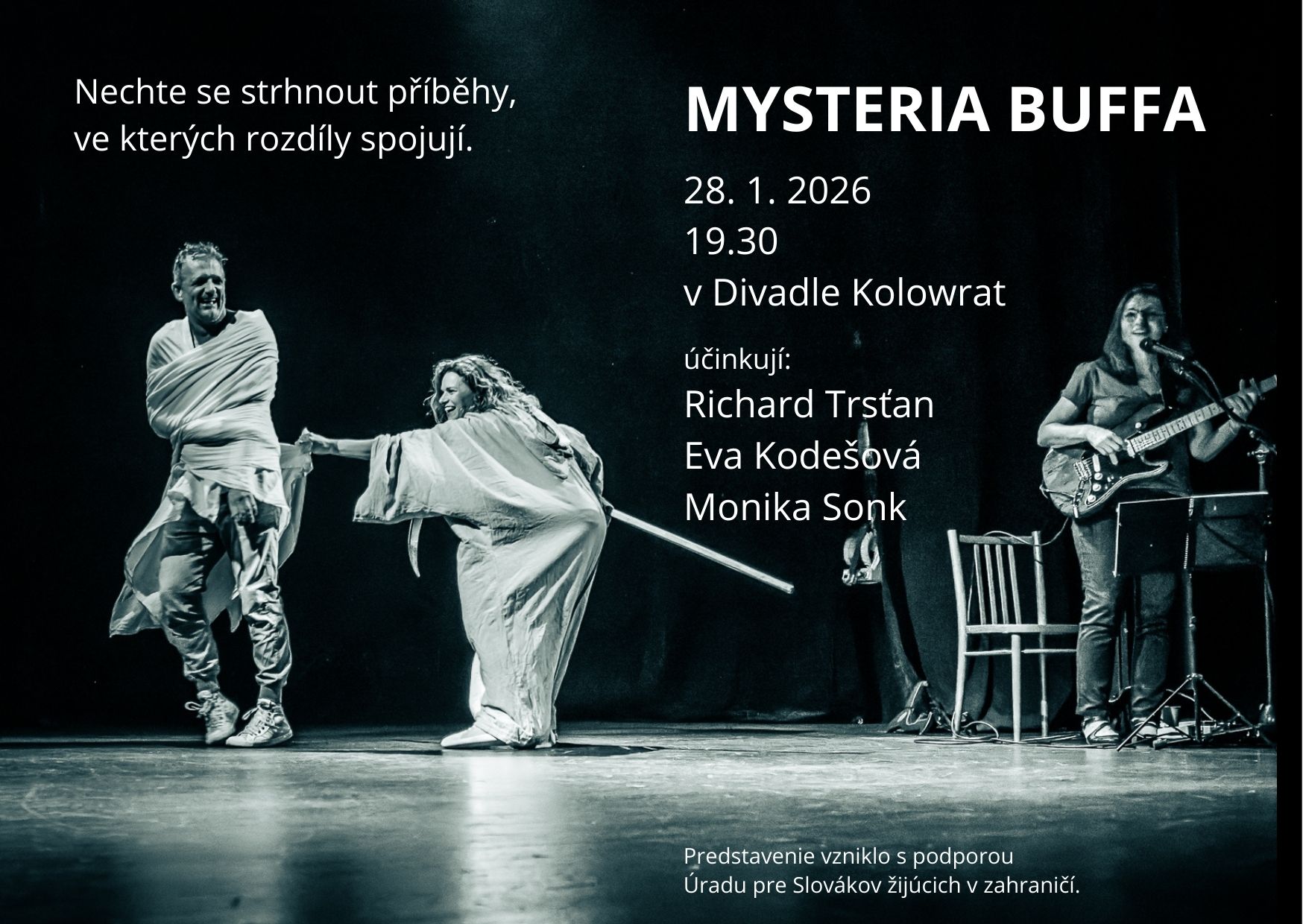 pozvánka na predstavenie, čiečnobiela, výjav z predstavenia, herci na javisku.