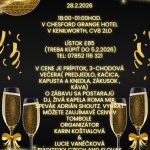 Ples Czech and Slovak Community UK C.I.C. plagát, plesová atmosféra, poháriky so sampanským, zlatá farba