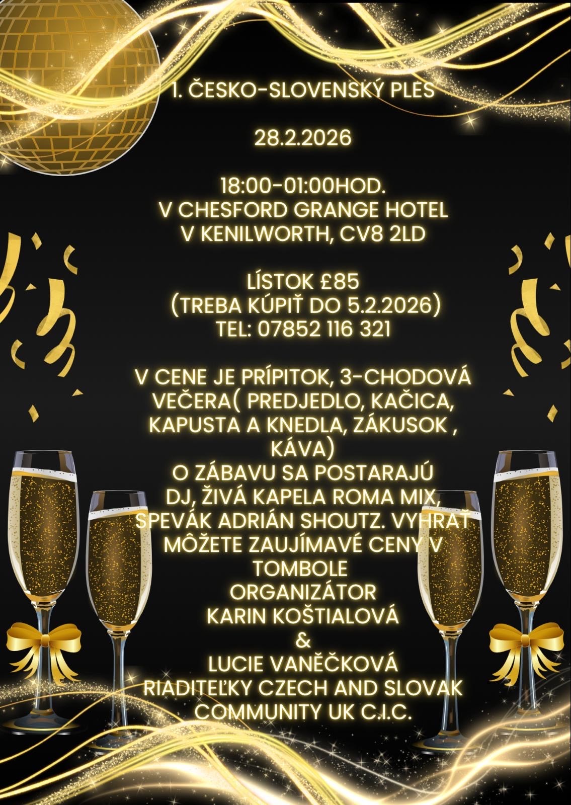 Ples Czech and Slovak Community UK C.I.C. plagát, plesová atmosféra, poháriky so sampanským, zlatá farba