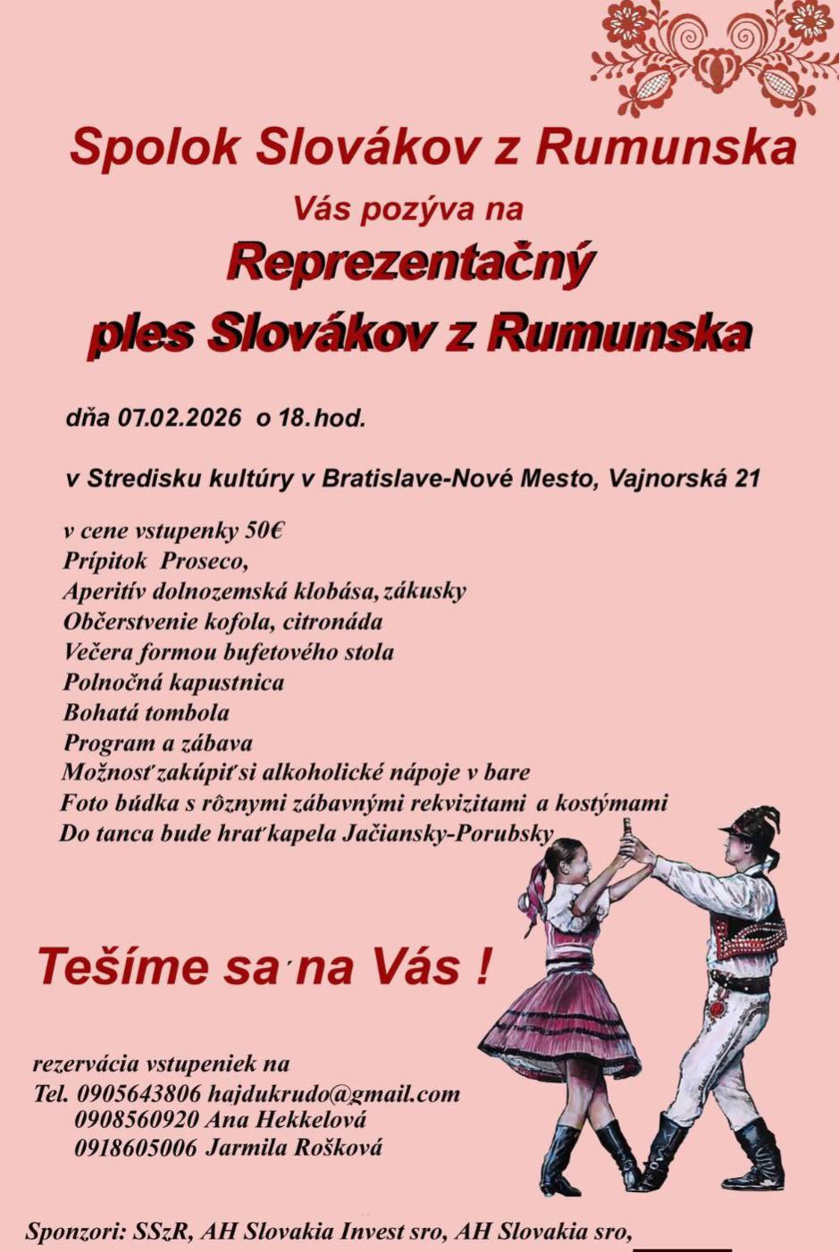 Ples Spolok Slovákov z Rumunska, plagát, ružový, dvaja tanečníci v krojoch