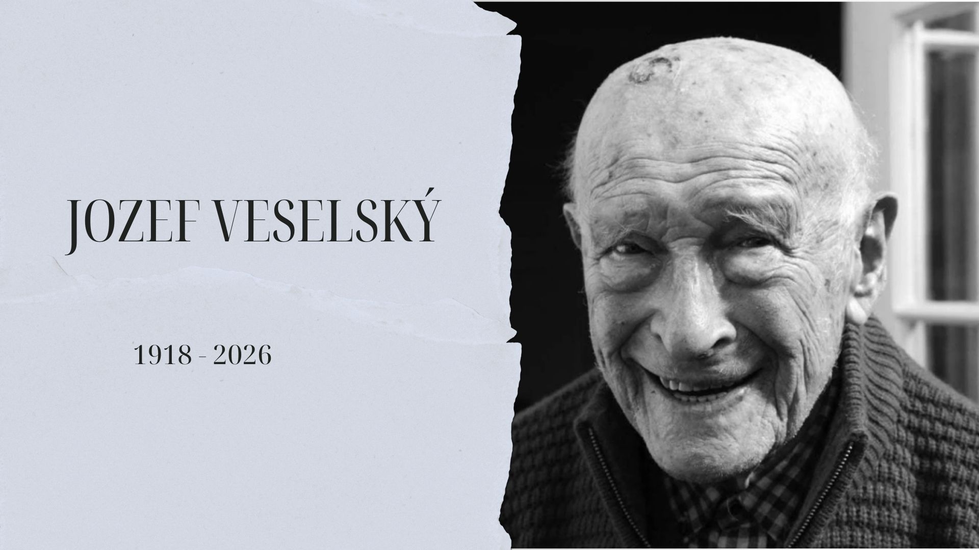 čienobiela foto, usmievajúci sa Joe Veselský v staršom veku