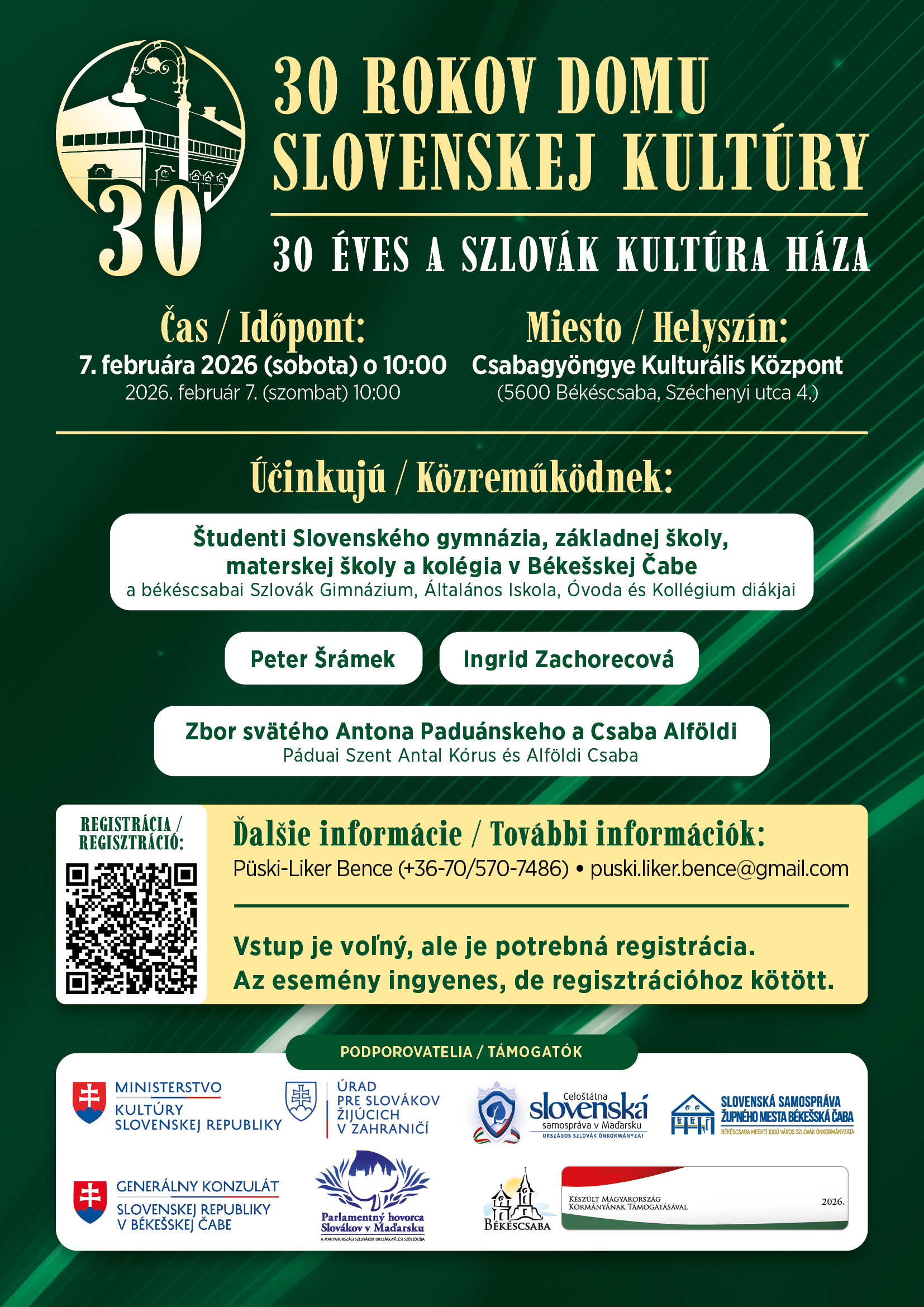 Plagát 30 rokov Slovenského domu, zelené pozadie, bielo žlté prvky, qr kód