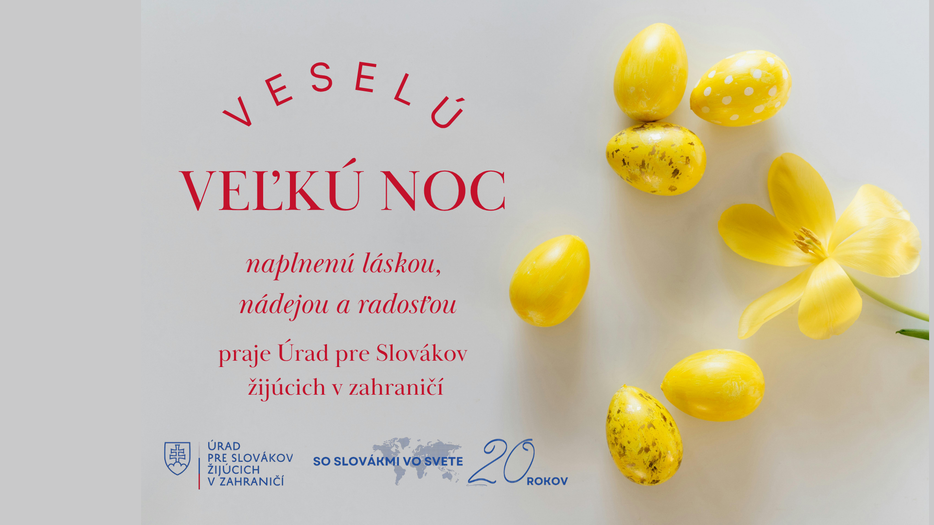 Veľkonočná tematika, prianie, žlté vajíčka, žltý kvet, logo ÚSŽZ