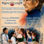 Plagát, fotografia Ruženy Červenskej a deti v krojoch, kvetinové ornamenty