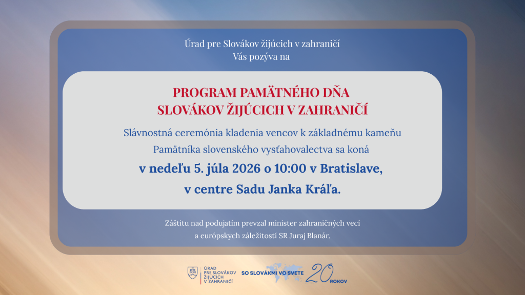 Pozvánka na pamätný Deň Slovákov žijúcich v zahraničí - text s info, v pozadí slnečné lúče