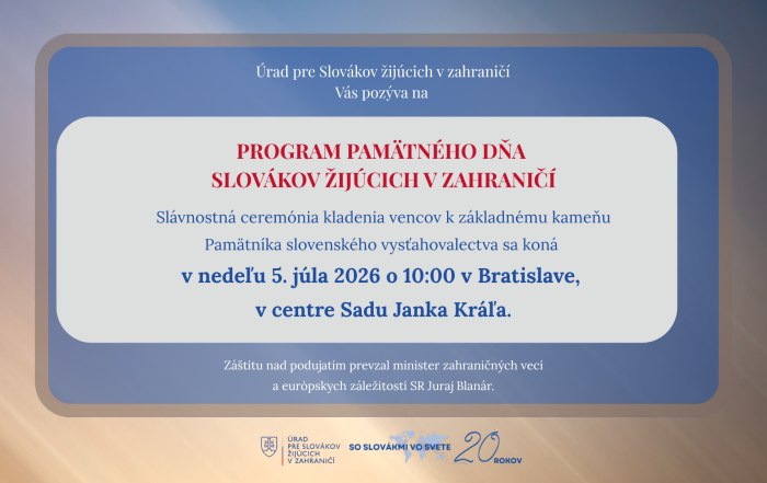 Pozvánka na pamätný Deň Slovákov žijúcich v zahraničí - text s info, v pozadí slnečné lúče