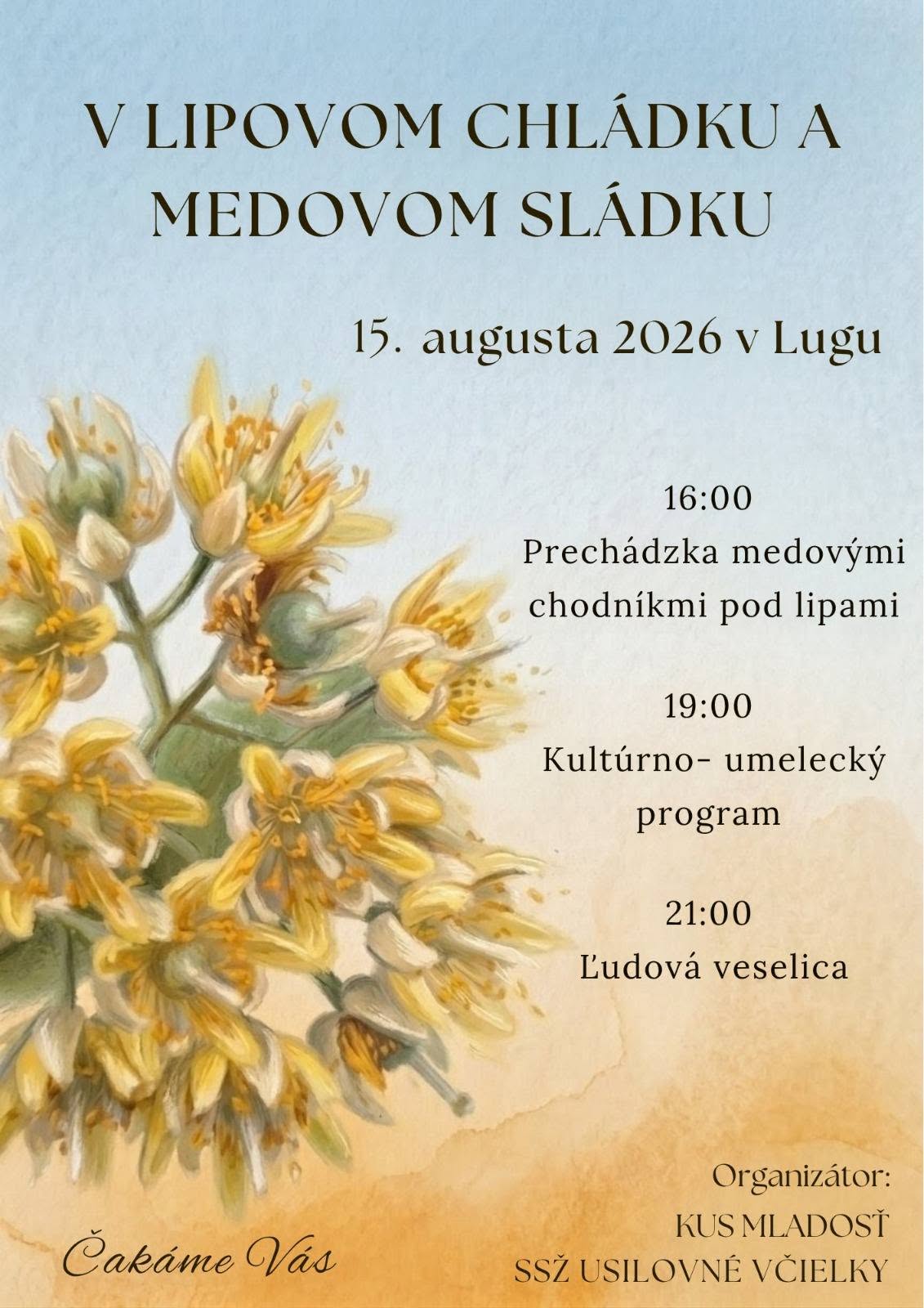 plagát, info v texte, ozdobený kresbou lipového kvetu