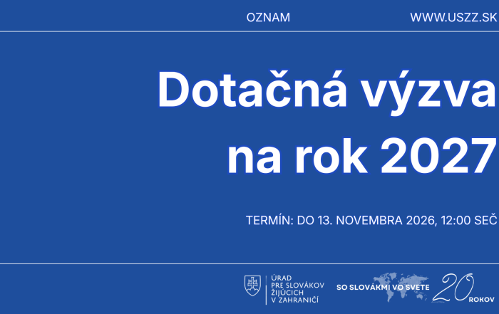 názov výzvy na modrom pozadí, biele písmo, logo ÚSŽZ a pamätné logo 20 rokov
